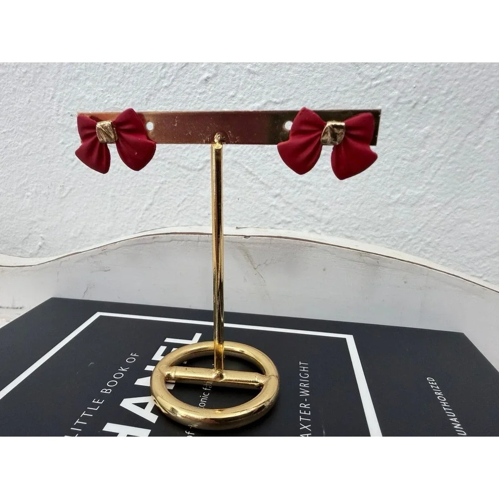 Red Bow Stud Earrings Gold Accent‎ | Cute Holiday Christmas Gift | NEW